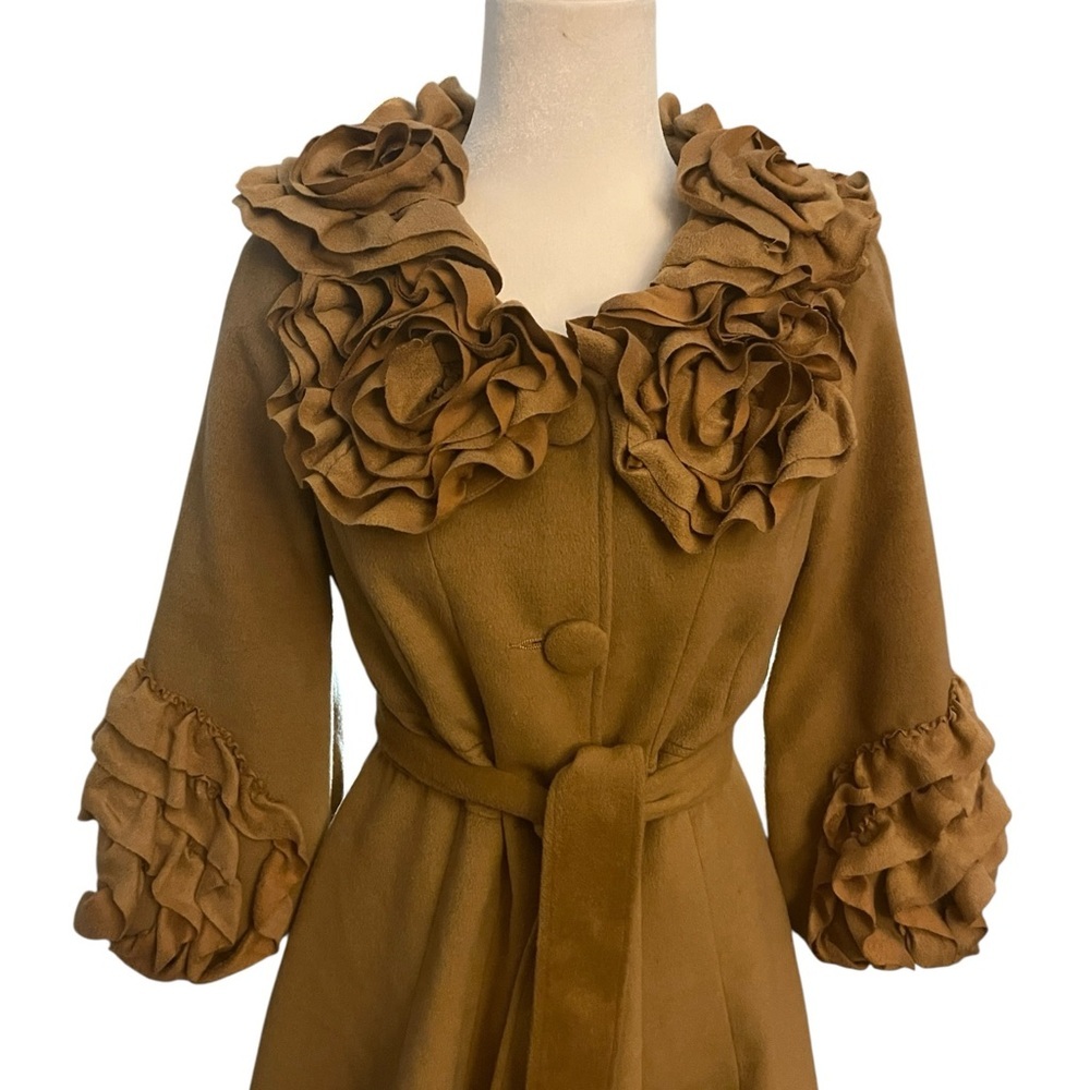 Ryu Brown Rosette Ruffle Collar Trench Coat Size Small